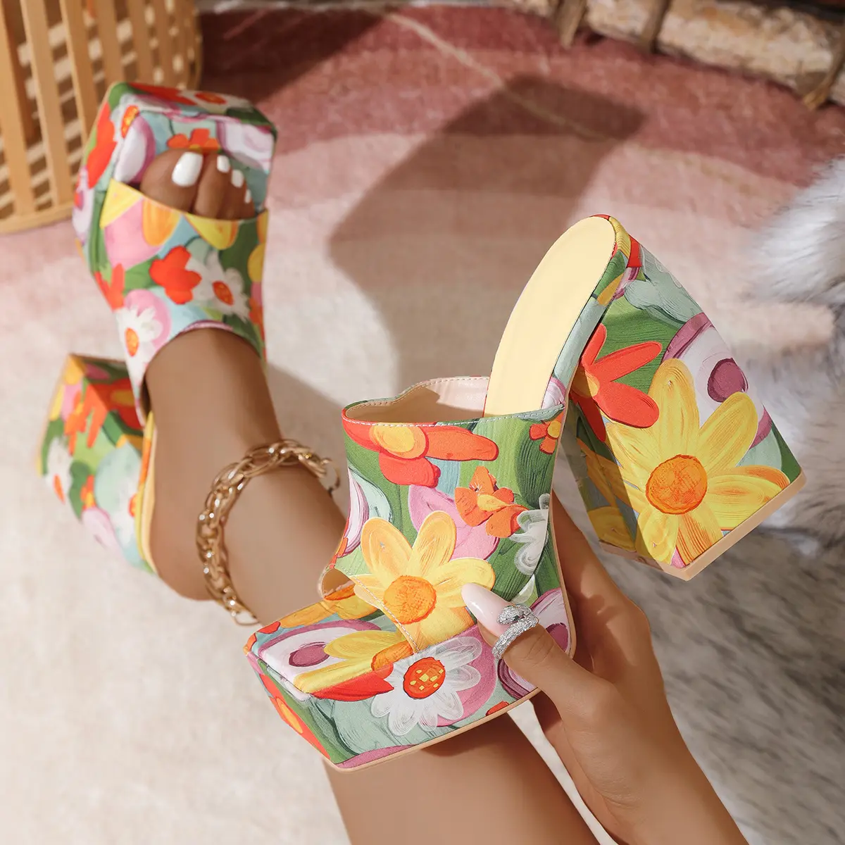 Women's Floral Print Open-Toe Platform Chunky Wedge Heel Sandals - Classy Slip-On Footwear for Summer Casual Occasions
