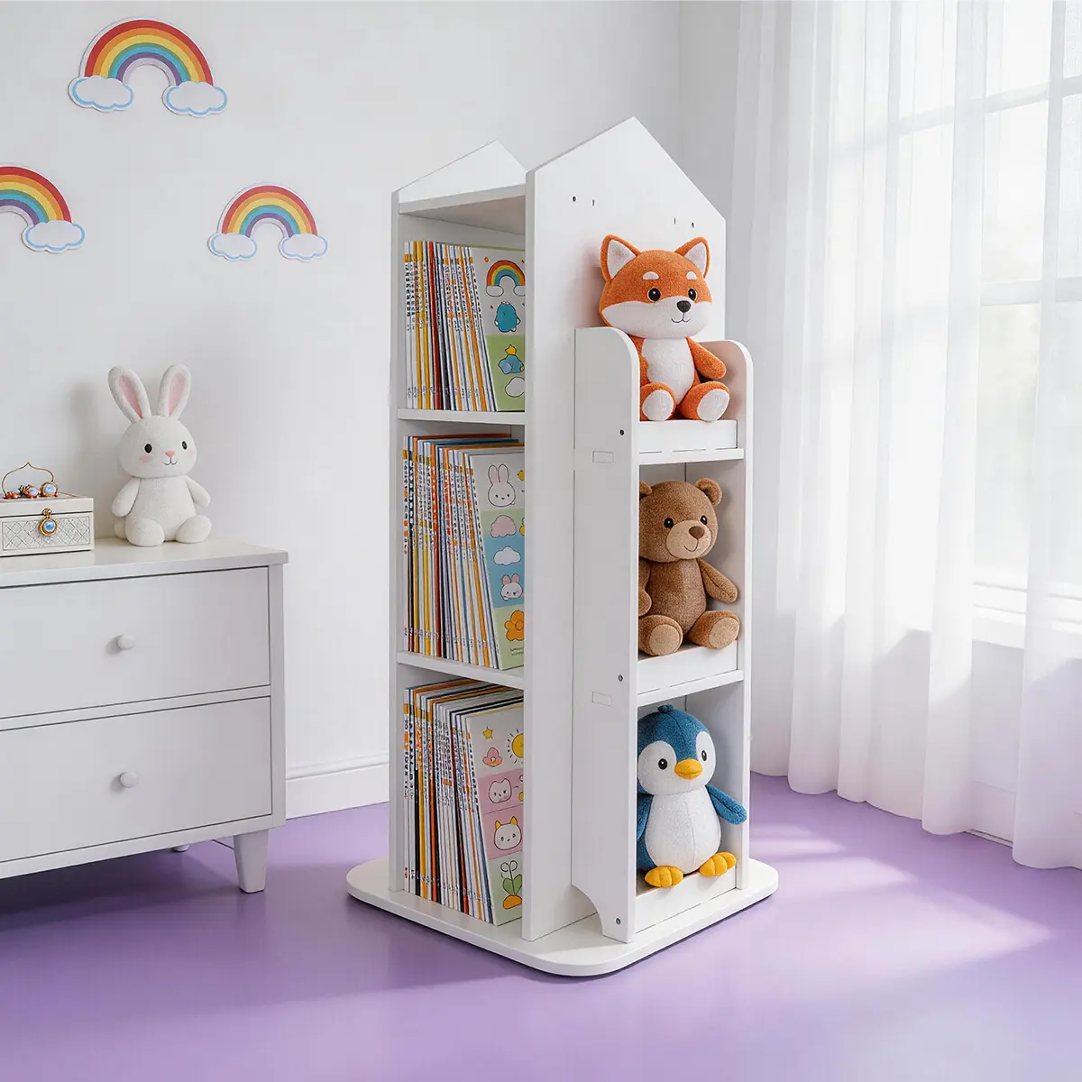 360° Rotating Bookshelf, White Rotating Bookshelf, Storage Organizer Rack, Revolving Corner Bookshelf, for Home Office Furniture Bookcase (White)