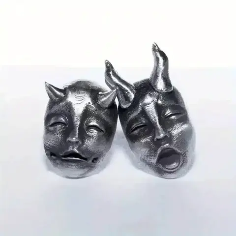 Gothic Punk Double-Faced Devil Mask Earrings - High Quality Punk Style Metal Earrings, Luxe Look Dark Aesthetic Funky Unique Accessories, Smooth Mask Detail, Unisex 1-Size Costume Jewelry for Daily Wear, Punk Style Earrings