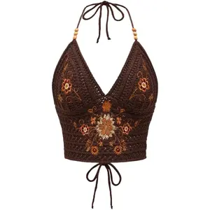 Women's Open Back Knitted Halter Crop Top Tie Backless Embroidered Hippie Top Womenswear Apricot Floral Short Sleeveless