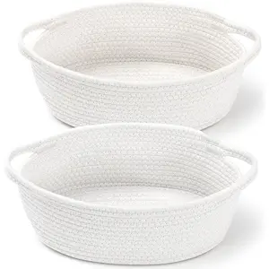 Cute Knitted Boho Basket with Handle, 12x8x5 Inch Rope Storage Basket, Pet Toy Organizer, Ideal Gift for Cats and Dogs