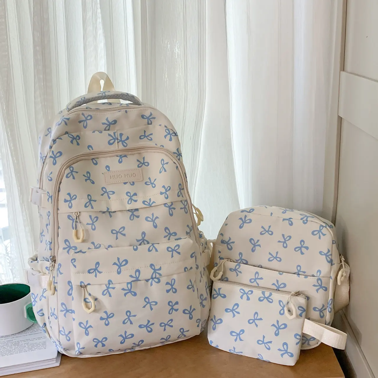 Women's 3-Piece Bow Pattern Lightweight Backpack Set - Large Capacity Backpacks with Lunch Bags & Pen Bag, Gym Daypack for Commute Work Travel (White-Blue/White-Pink), Unisex