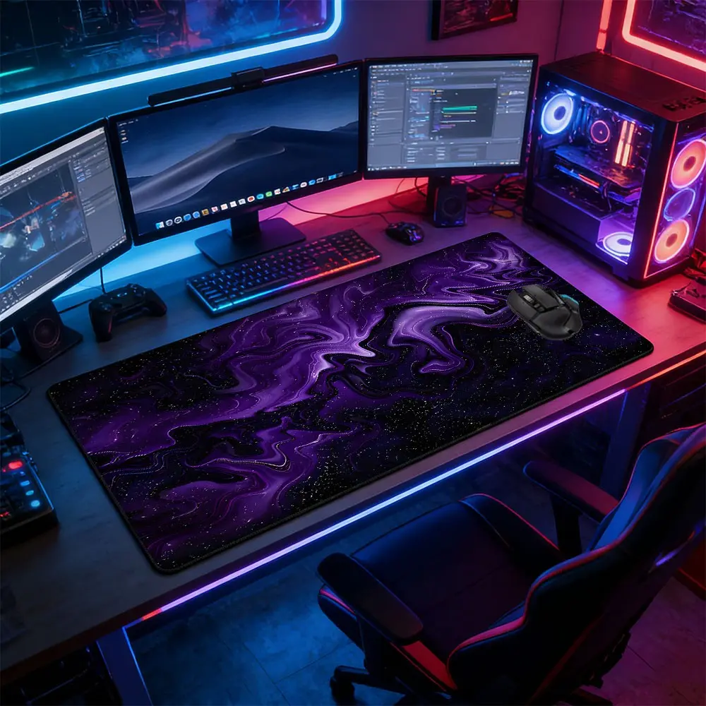 Purple Fluid Galaxy Marble Large Gaming Mouse Pad, Gaming Mousepad, Mouse Pad For Laptop, Non-Slip Rubber Base Stitched Lock Edge Desk Mat, Gaming Room Accessories, Computer Accessory for Home Office & Gaming Setup, Gift for Gamer Family and Friends