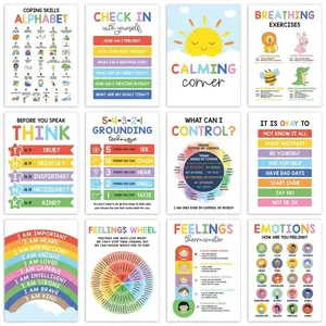 Calming Posters - ESL 12Pcs (10x14),Emotions Chart forKids,Calm Down Corner Supplies,Classroom & TherapyDecor Visual Learning to regulate emotions andemotional intelligence Tools,Educational Emotion Learningfor Classroom,Counselor Office Decor Set