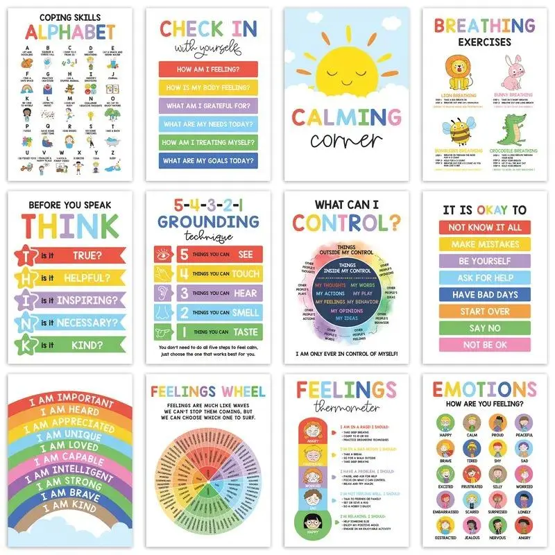 Calming Posters - ESL 12Pcs (10x14),Emotions Chart forKids,Calm Down Corner Supplies,Classroom & TherapyDecor Visual Learning to regulate emotions andemotional intelligence Tools,Educational Emotion Learningfor Classroom,Counselor Office Decor Set