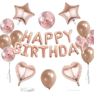 29 Pcs Rose Gold Birthday Decorations, 3D Foil Rose Gold Happy Birthday Balloon Banner, Pentagram Heart Foil Balloons Confetti Balloons Kit For Boys Girls Birthday Party Supplies Balloon Set