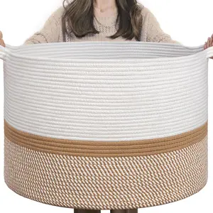 XXXLarge Cotton Rope Basket 21.7" x 21.7" x 13.8" Woven Baby laundry Blanket Basket for Home Decor Living Room Nursery, Toy Storage Baskets for Kids Boys Girls, White & Camel Mix