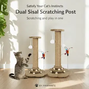 Durable Wooden 4-in-1 Cat Interactive Sisal Scratching Post with Feather Teaser, Hanging Play Ball, and Base Ball Track, For Entertainment, Enrichment, and Mental Stimulation