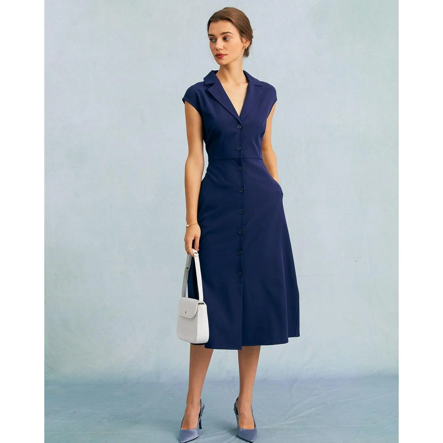 RIHOAS Women's Elegant V-Neck Button-Up Midi Dress, High Waisted Cap Sleeve Regular Fit Polyester Workwear, Spandex, Basic, Cap Sleeves, Business Casual Dresses, Going Out, Lady, Ready To Wear, Cold Wash, Durable, Occasion, Resistant To Stains, Solid