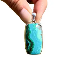 Chrysocolla Malachite Polished Rectangle Pendant in Bezel Setting - Sterling Silver - No.972