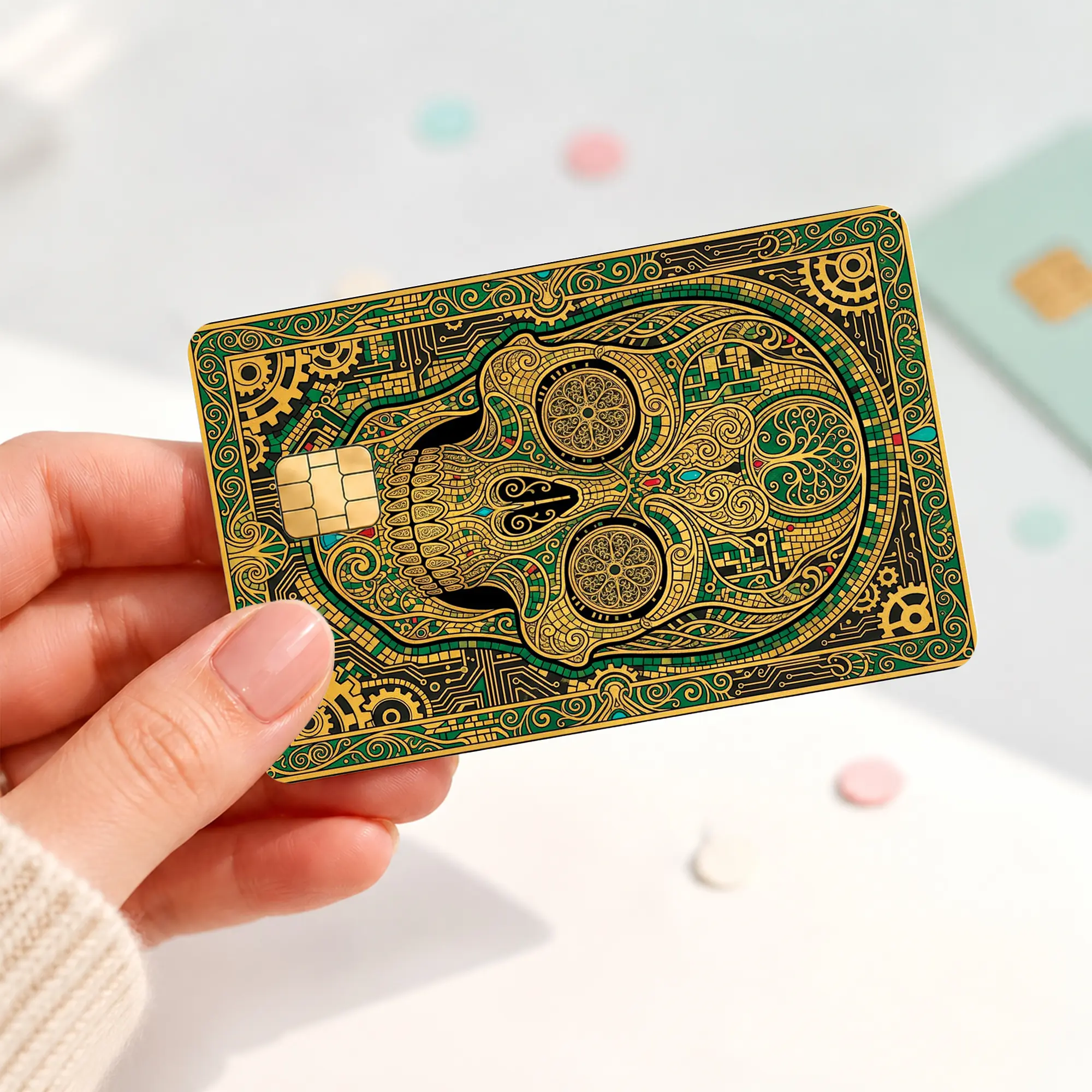 Steampunk Owl Credit Card Skin, Gold Green Mechanical Owl Debit Card Sticker, Gear and Circuit Bank Card Cover, Vintage Gothic Chip Card Decal, Owl Lover Gift