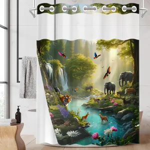 1pc hookless shower curtain with buckle lining, spring forest animal stream design 2D flat print, fabric waterproof lining shower curtain with see-through window double layer shower curtain, 71 x 74 inches, modern home curtain decoration.