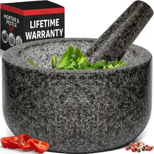 Heavy Duty Large Mortar and Pestle Set,  Granite, Non Slip Base, Make Fresh Guacamole, Salsa, Pesto, Stone  Bowl,  , , 4 Cup - Black