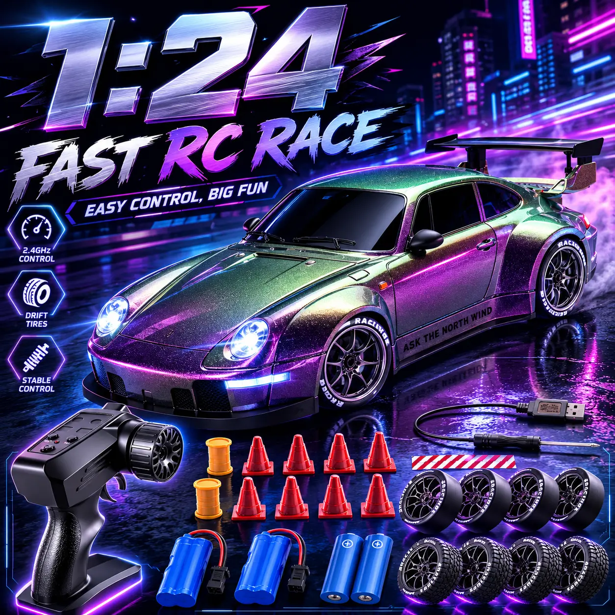 【Toy RC cars】1:24 Scale 4WD Remote Control Car,Drift Car with LED,USB Rechargeable,Your Kids Will be glued to their new toys and CAN'T put the gift down!Their EVEN too busy to pester you to play with them#Christmas gifts for kids #Toys Gift Preferred