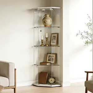 ARCH Tempered glass five-sided display cabinet,corner cabinet,liquor cabinet,with running lights,with locks,bottom equipped Adjustable foot,for various floors,living room,corridor,office, white