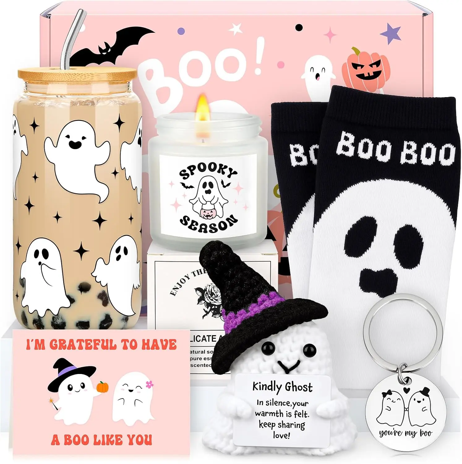 Halloweem Fall Gift Boo Basket Stuffers for Women Halloween Gifts for Women Adults Teens Girls Kids Spooky Basket Stuffers Ideas for Woman Her Cute Halloween Care Package Gift Box Boo Themed Items Stuff Ghost Basket Kit