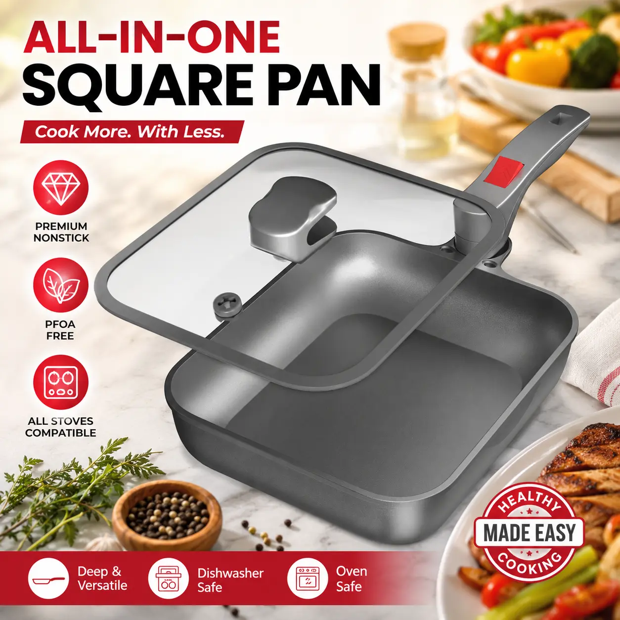 Fogdream Nonstick Titanium Frying Pan Skillet - Thermal Aluminium Core, Twist Stay-Cool Handle, Micro-Pressure Glass Lid, Deep & Versatile Extra-Deep 3-Section Design, Rapid Heat Conduction, Induction Compatible, Space-Saving for Healthy Household Cooking