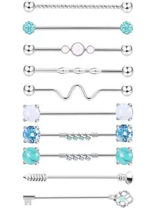 10PCS Industrial Barbell Earrings for Women 14G Opal CZ Surgical Stainless Steel Scaffold Piercings Bar 38mm Versatile Earrings Body Piercings Set
