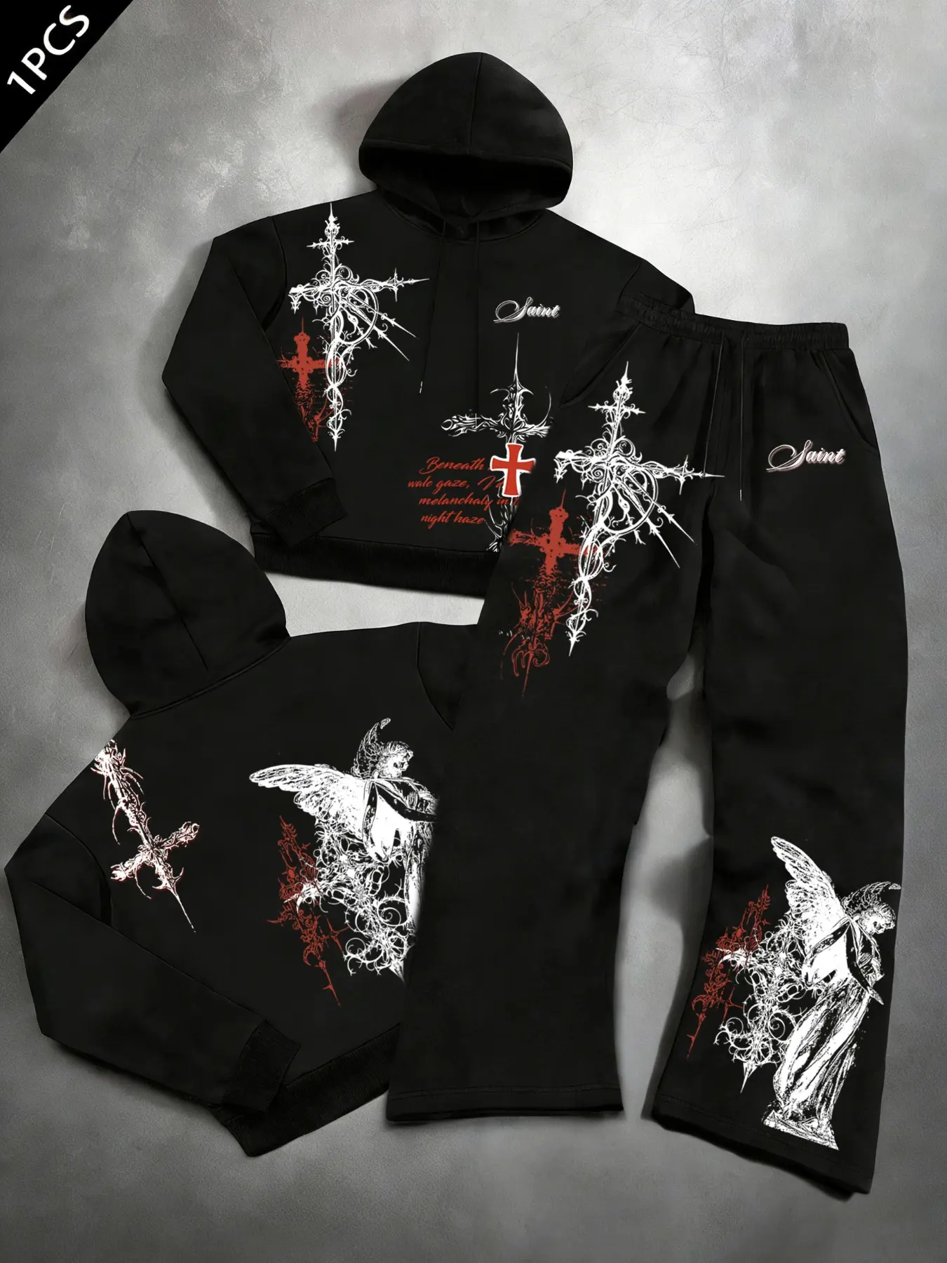 Saint Gothic Angel 2-Piece Sportswear Set, Cross Print, Angel Pattern, Ink Splatter, Y2K Grunge Style, Casual Wear, Hoodie Sweatpants Set, Matching Sweatsuit Set, Casual Sportswear Outfit, Sweatshirt Set