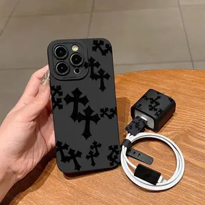 5 Piece Set Unique Cross Pattern Phone Case, Charger Head Cover, Cable Protector, Storage Rope, Anti-Drop Shockproof Tpu Case Essential Accessories for iPhone
