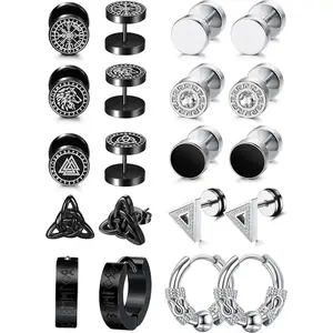 FLORIDECO 10 Pairs Men's Tarnish-Free Stainless Steel Viking-Inspired Earring Sets - Studs & Hinged Clicker Hoops, Black Daily Jewelry Accessories, Hoop Earring Sets