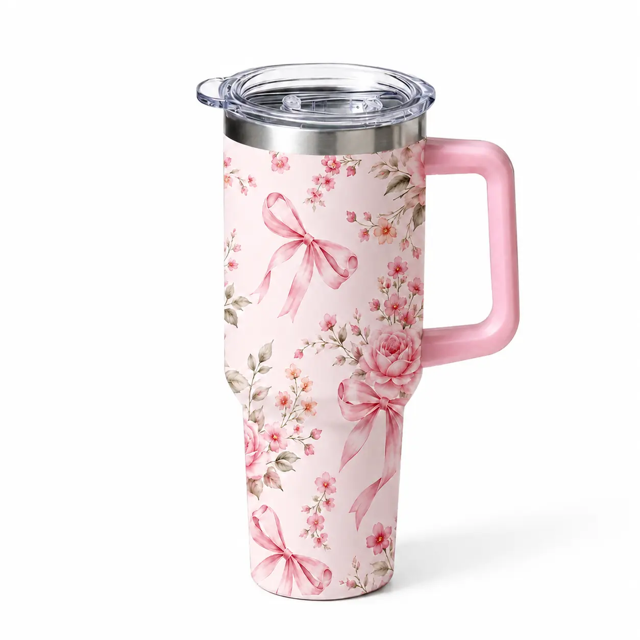 Pink Floral Bow 30oz Tumbler with Handle, Insulated Stainless Steel Cup for Women, Mom & Teacher, Clear Sliding Lid Travel Mug for Iced Coffee, Water & Daily Use european bottles