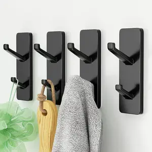 Self Adhesive Coat Hooks for Hanging: Heavy Duty Stainless Wall Hook for Towel, Backpack, Hat, Sturdy Metal Hanger for Bathroom, Bedroom, Door, Dorm, 4-Pack, Matt Black