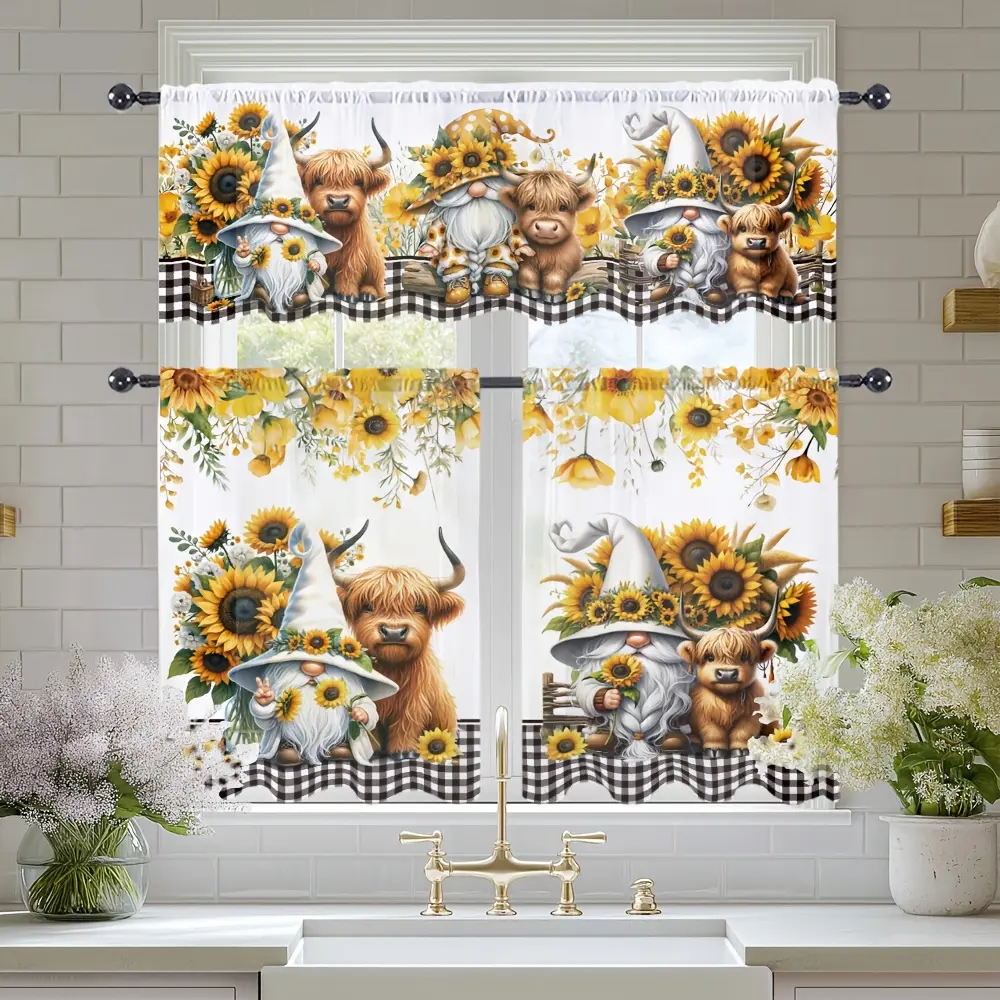 SoftHaven Home 3-Piece Classic Sheer Window Curtain Set - Made in USA, Sunflower & Highland Cow Animal Print, Rod Pocket, Durable Premium Polyester Fits, Light Filtering Airy Gauze, Window Drapes, Festive Charm for Bedroom, Living Room