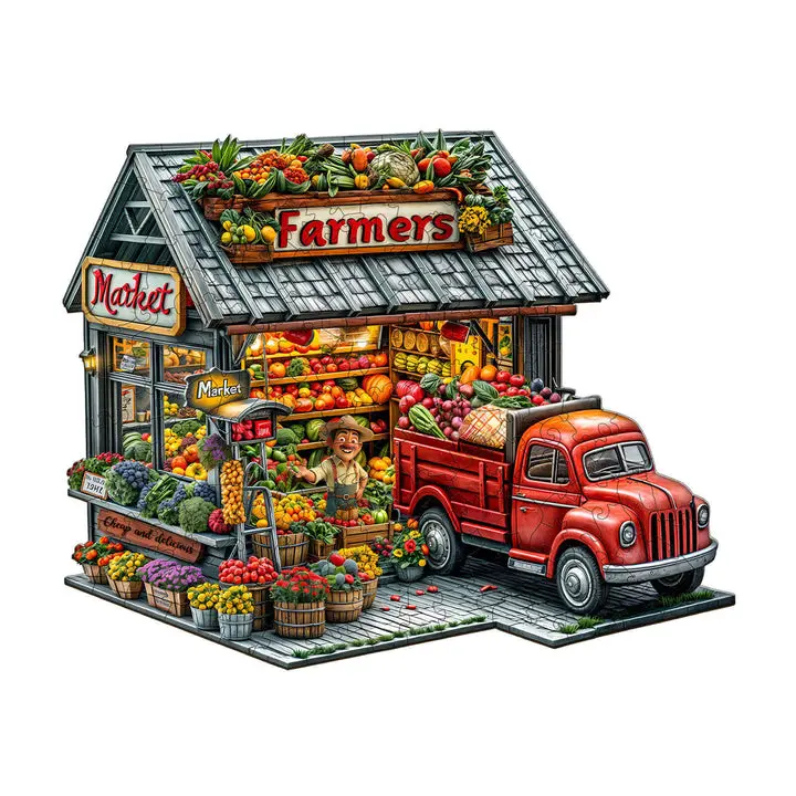 Farmers Market Handcrafted Wooden Puzzle, Featuring Detailed Stall, Home Decor Piece for Enhancing Focus and Smarter Thinking