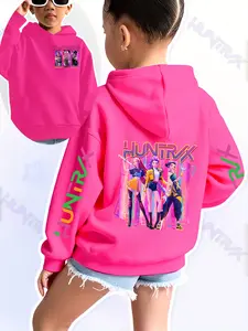 Girls Kpop Demon Hunters Hoodie, Cartoon Print, Fitted Casual Sportswear, Fall & Winter Elastic Fabric, Perfect Christmas Gift
