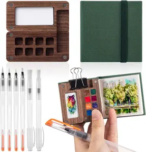 Mini Portable Watercolor Palette Set Wooden Grid Paint Box Watercolor Paper Sketch Book Brush Pens with Binder Clip for Painters Artist Not Include Paint(Pine Green)