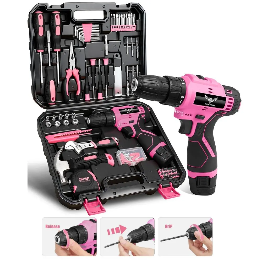 152PCS Household DIY Tool Kit with 12V Pink Cordless Drill, All Purpose Home Repair Tool Set with Hammer Wrench Pliers and Storage Case
