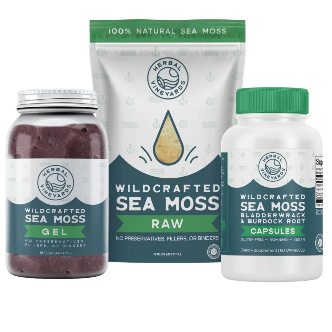 Herbal Vineyards 90-Day Raw Sea Moss Bundle - 16oz Purple Gel & Capsules, Wildcrafted Certified Org. Springwater Prep, Non-GMO Vegan Unflavored Edible Dietary Gluten Free Sugar Free Healthcare Supplement