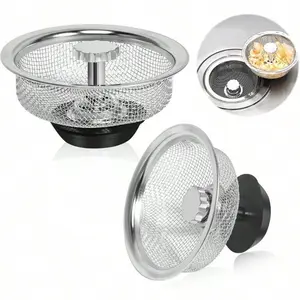 2pcs Kitchen Sink Strainer with Handle and Stopper, 3.3 Inch Stainless Steel Drain Basket, Silver Color Mesh Sifter Filter, Kitchen Sink Accessories