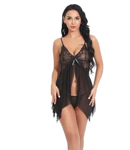 Ugreat Women Plus Size Lingerie Babydoll Dress Lace Chemise Sleepwear Mesh Nightgown with Thong V Floral Sexy night gown women Soft Womenswear   Curvy Black Fabric night gown for women