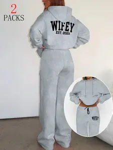 Women's Casual Hoodie & Sweatpants Set, Wifey Graphic Print, Drawstring Waist, Long Sleeve, All-Season Comfort, Casual Streetwear