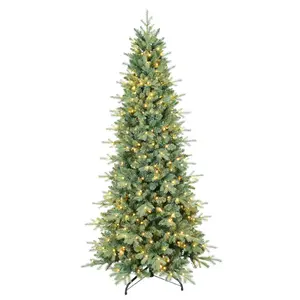 8 FT Prelit Artificial Skinny Christmas Tree,Blue Spruce Slim Pencil Xmas Tree with 1987 PE&PVC Mixed Branch Tips,500 UL Listed Clear Lights,Hinged Pine Tree with Metal Stand for Home Office Décor