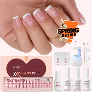 Beetles X Press Plus On Nails Kit - 150Pcs Short Square French Tip Press On Nails with Nail Glue, Remover, Builder Top Coat & Mini Nail Lamp for DIY Fake Nails Gift
