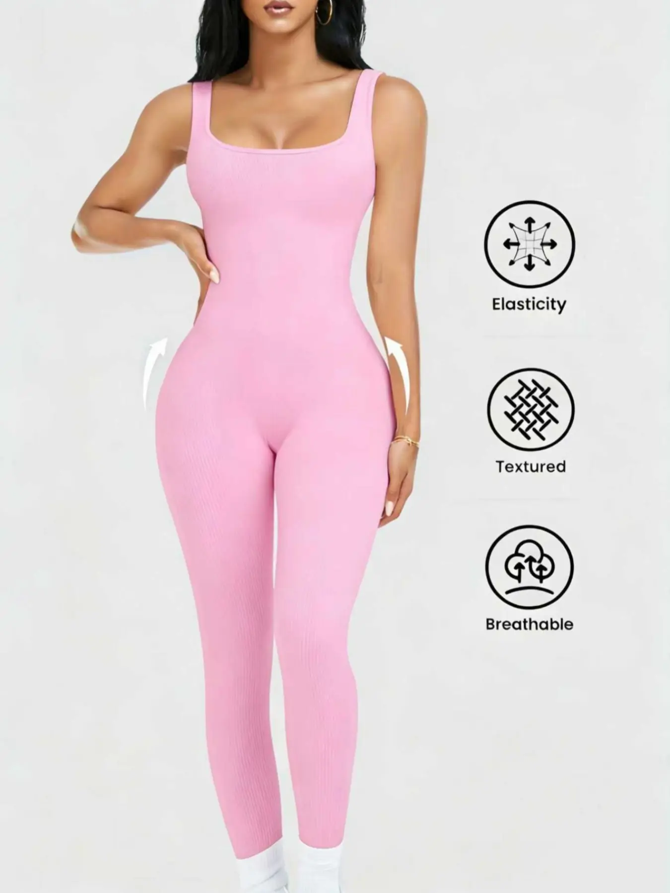 Womens Workout Rompers Jumpsuits Seamless Ribbed Yoga Gym One Piece Sleeveless Square Neck Tank Top Leggings Unitard Stretchable Activewear Stretchy Seamless Activewear Tight Fitting Jumpsuit
