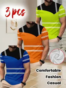 3-Pack Men'S Color Block Striped Print T-Shirts, Tops, Crew Neck, Long, Slight Stretch, Comfortable Breathable Everyday Underwear for Summer, Regular Fit, Casual Style, Streetwear, Random Print Design