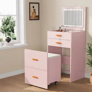 Pink 3-in-1 Compact Vanity with Mirror and Lights Small Makeup Desk Nightstand Dressing Table with 3 Light Modes Mini Vanity Set with Storage Rolling Chair for Small Spaces Room Apartment