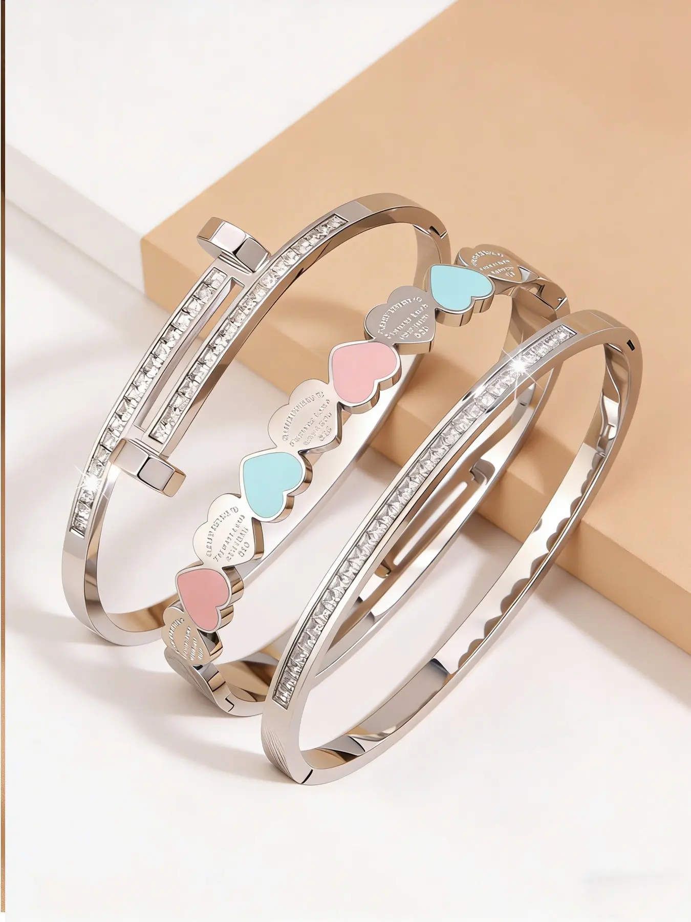 Mother's Day Gift 3pcs Light Luxury Elegant Stainless Steel Bracelet Set, Sweet Love Style, Suitable for Dating, Party Parties, and Daily Commuting, Ideal Gift for Expressing Love, Bracelets Jewelry, Jewelry Gifts