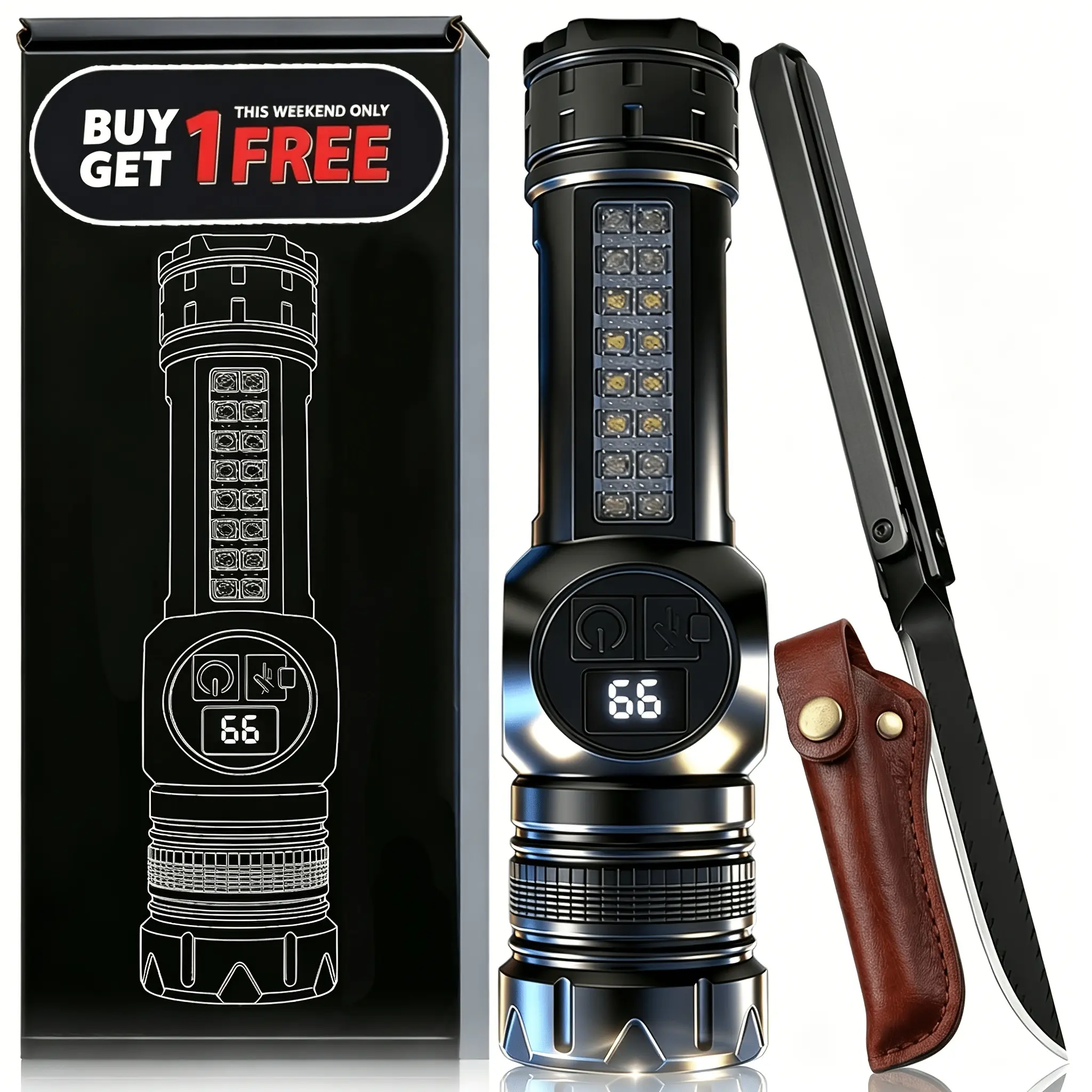 Super Bright Rechargeable Zoomable Flashlight with Zoom Lens, 5 Light Modes, Digital Display, Magnet, Built-in Cells, Compact EDC Pocket Knife, Long Battery Life, Tools and Gadgets for Hiking Camping, Men's Survival Gift, Survival Gear