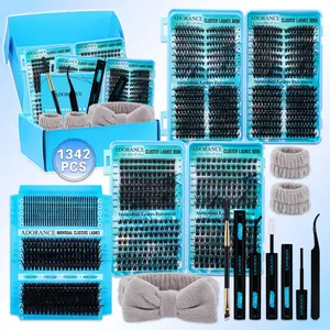 1342PCS/608PCS/384PCS/350PCS Lash Clusters Individual Eyelash Kit D Curl 11 Styles Mix10-18mm Cat&Doll/Spikes/Wispy/Volume Lashes Kit with Bond&Seal Lash Remover Lash Brush Lash Applicator Headband Wristband set, Perfect for Beginners&Proficient