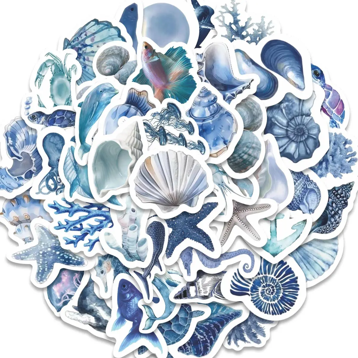 53pcs Watercolor Ocean Marine Life Stickers Pack, DIY Art Stickers, Aesthetic Stickers, Sticker Set, Waterproof Beach Themed Shell Starfish Decals for Laptop, Water Bottle, Ocean Lover Gift Stickers Kit, Sticker Collage Pack