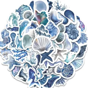 53pcs Watercolor Ocean Marine Life Stickers Pack, Waterproof Beach Themed Shell Starfish Decals for Laptop, Water Bottle, Journal & Scrapbook, Ocean Lover Gift