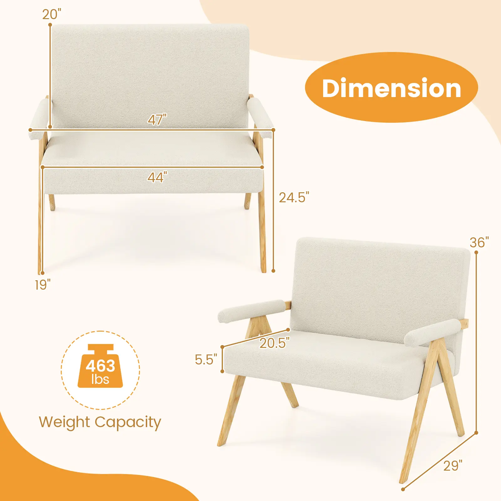 COSTWAY - Loveseat Sofa with Armrests and Wooden Legs-Beige