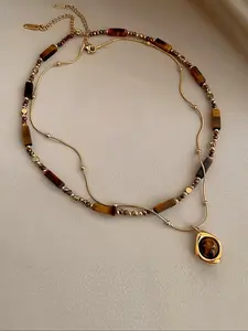 Women's Stainless Steel Necklace Set, Vintage Artificial Tiger's Eye Stone Pendant Jewelry, Artificial Gemstone Necklace for Daily Wear & Gifts, Layered Necklaces, Fashion Accessory Necklace, Fashion Necklace (The color of the stone is random)