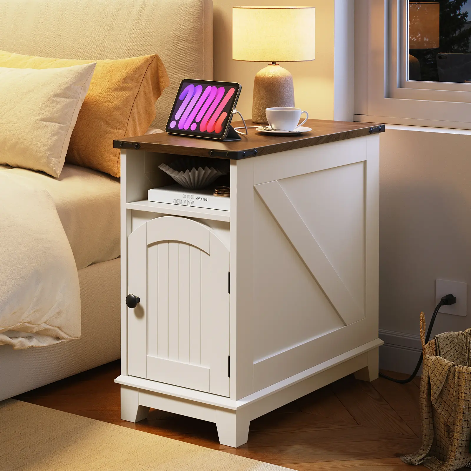 HOOBRO Durable Slimline 2-in-1 Easy Rectangle Narrow Farmhouse End Table - Engineered Wood Night Stand with Arch-Groove, Charging Station, Flip Top, Cabinet, Slim Profile for Small Living Spaces, White & Walnut, Durable End Tables, Slimline End Tables