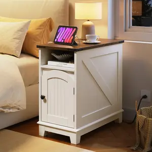 HOOBRO Narrow Farmhouse End Table with Charging Station, Slim Side Table for Living Room, Small Nightstand, Narrow End Tables for Living Room & Small Spaces, Flip Top, White and Walnut #SpringSale #BigSpringSale